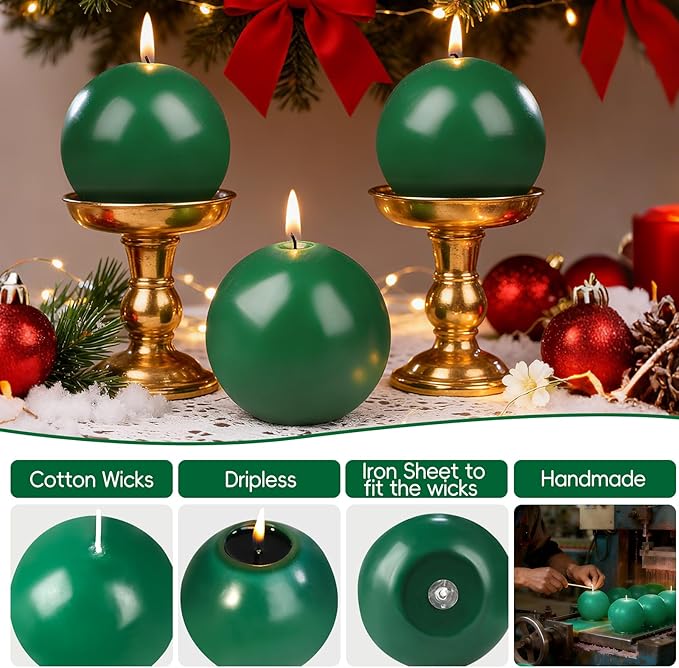 3 Inch Green Round Ball Candles,Elegant Round Pillar Candles,Hand-Poured Natural Soy Candles,26 H Long Burning Time-Dripless Smokeless Candle Dinner Table,for Wedding,Christmas Home Decor 4 Pack