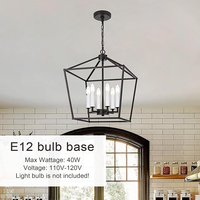 MELUCEE Vintage Lantern Pendant Light 6 Light Industrial Cage Chandelier with E12 White Candle-shaped Base Oil Rubbed Bronze Rustic Geometric Hanging Light Fixture for Kitchen Island Foyer Dining Room
