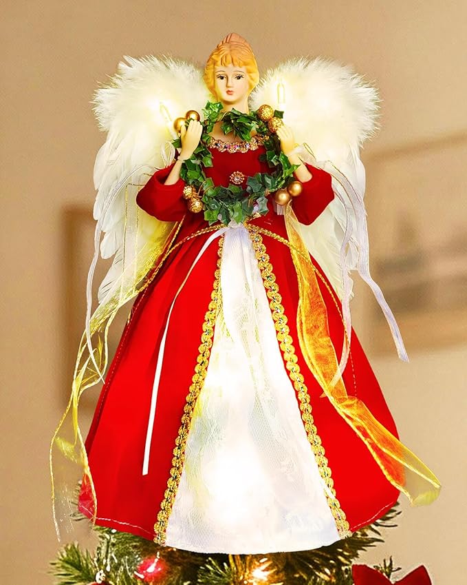 Angel Tree Topper with Lights | 12 Inch Christmas Angel Tree Topper with Feather Wings | Battery Powered Christmas Tree Toppers Lighted for Vintage Decor | Xmas Tree Topper Ornament, Red