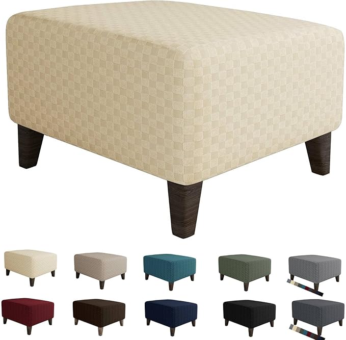MAXIJIN Jacquard Ottoman Cover Slipcovers Folding Storage Stool Furniture Protector Cover Soft Thick Rectangle Foot Rest Slipcover with Elastic Bottom (Ottoman Large, Light Beige)