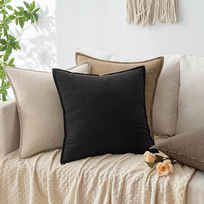 Woaboy 24x24 Inch Euro Sham Set of 2 Decorative Linen Solid Throw Pillow Covers Boho Accent Farmhouse Couch Pillowcases Modern Netural Home Decor for Bed Couch Sofa Living Room,Black