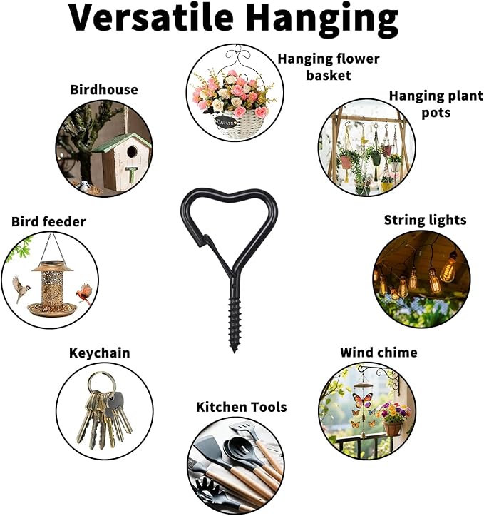 Hooks for Hanging - Ceiling Hooks for Outdoor Decor, Metal Key Hook, Decorative Plant Hanging, Clothes Hook, Heart-Shaped Screw Hooks Easy Installation (Black, 10Pcs)