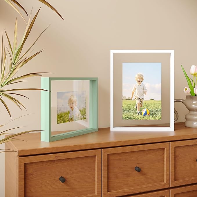 Egofine 11x14 Floating Frames Set of 2, Double Plexiglass Picture Frame, Made of Solid Wood Display Any Size Photo up to 11x14, Wall Mount or Tabletop Standing, Green