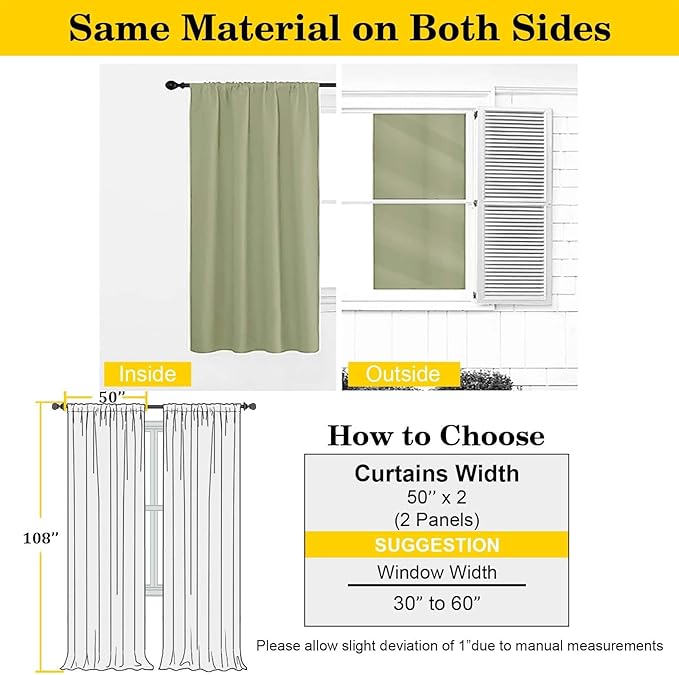 Extra Long Sage Green Blackout Curtains for Bedroom Living Room 108 Inches Long 2 Panels, Soft Solid Room Darkening Thermal Insulated Window Treatments, Rod Pocket Curtain, 50" Wx108 L