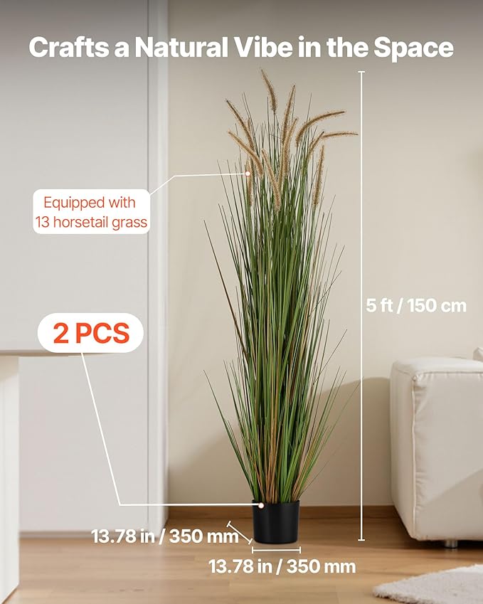 VEVOR Artificial Grass Plant, 2 Pack 59 inch Horsetail Reed Grass in Pot, Premium PVC Faux Fake Greenery Shrubs Plant for Indoor Outdoor House Home Garden Office Room Décor, Housewarming, Green
