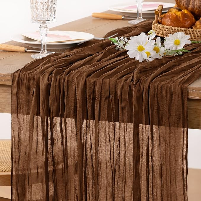 MLMC 3 Pack Brown Table Runner 10ft Boho Rustic Gauze Coffee Cheesecloth Table Runner Neutral Cheese Cloth Table Decor 35x120 Inches for Wedding Bridal Shower Reception Party Decor