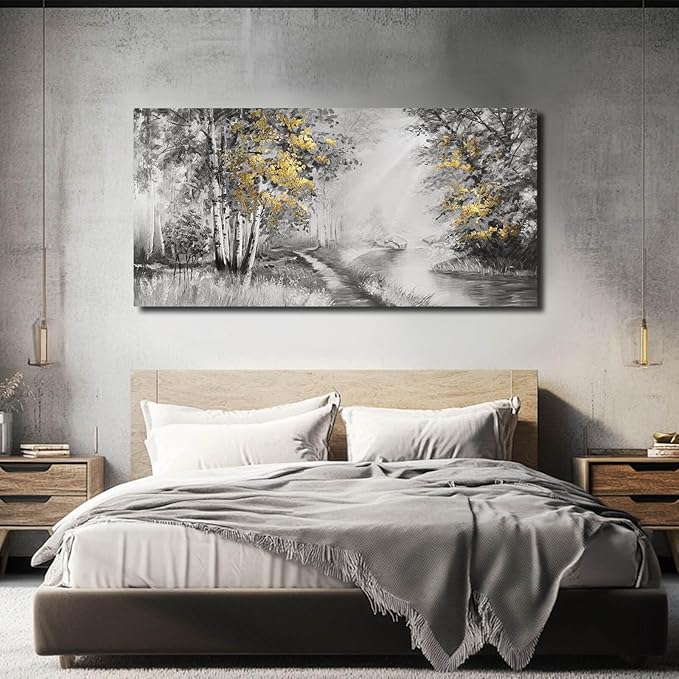 SOUGUAN Misty Forest Wall Art/Living Room Wall Decorations/Black Art 24 x 48 Inch/Plant Oil Painting for Bedroom Kitchen Office Home Decor