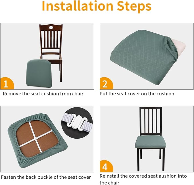 Fuloon Waterproof Seat Cushion Covers 4 PCS, Stretch Jacquard Chair Seat Covers Washable Dining Room Chair Slipcovers Removable Kitchen Cushion Protector (4, Waterproof-Dark Green)
