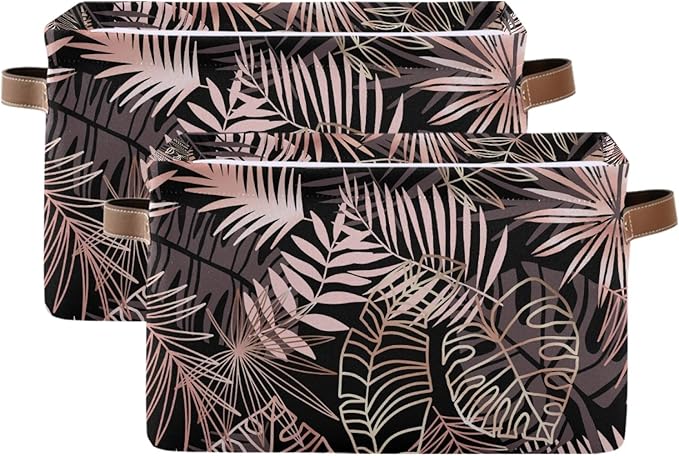 susiyo Large Foldable Storage Bin Rose Gold Palm Leaves Fabric Storage Baskets Collapsible Decorative Baskets Organizing Basket Bin with PU Handles for Shelves Home Closet Bedroom Living Room-2Pack