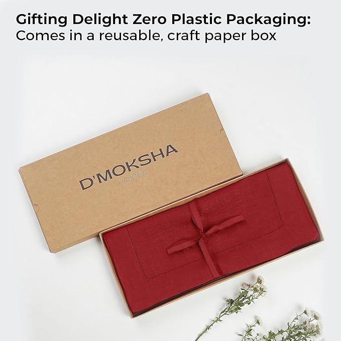 D'Moksha Homes Linen Red Table Runner 36 Inches - 100% Pure Linen Small Table Runner 14 x 36 Inch Ideal for Dresser, Coffee Tables, Valentines, Spring - Classic Hemstitch