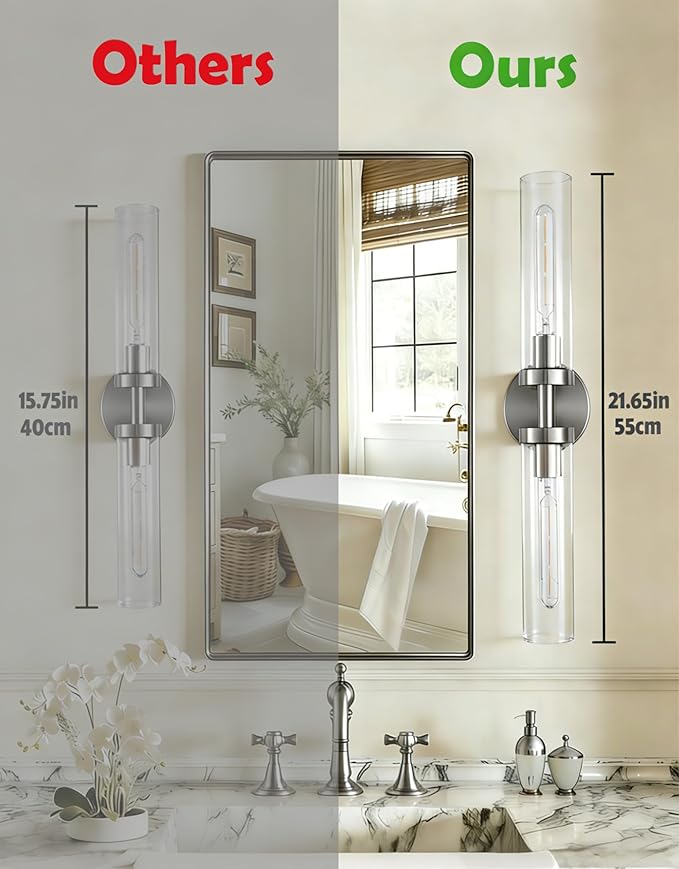 AT-VALY Wall Sconces Set of Two,Vanity Light Fixtures with Clear Glass,Modern Sconces Wall Decor for Bathroom, Living Room Mirror (Brushed Nickel)