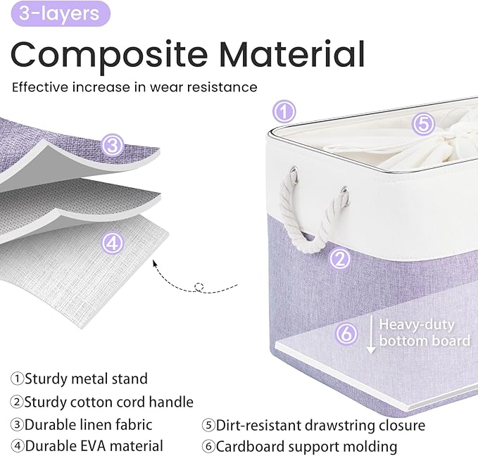 Large Storage Baskets- 16x12x12 inch Storage Bins for Shelves and Closet Organizing, Foldable Fabric Bin for Home Organization Clothes and Laundry (3-Pack, White&Purple)