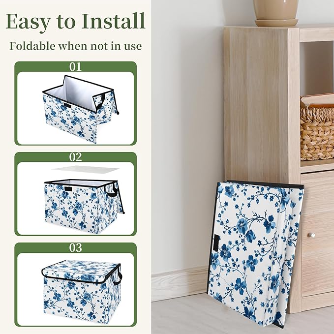 Closet Storage Bins with Lids, Blue Plum Flowers Storage Baskets for Organizing, Large Cube Box Closet Organizers with Handles, Home Office Decorative Wardrobe Boxes for Organization (27 Quart)