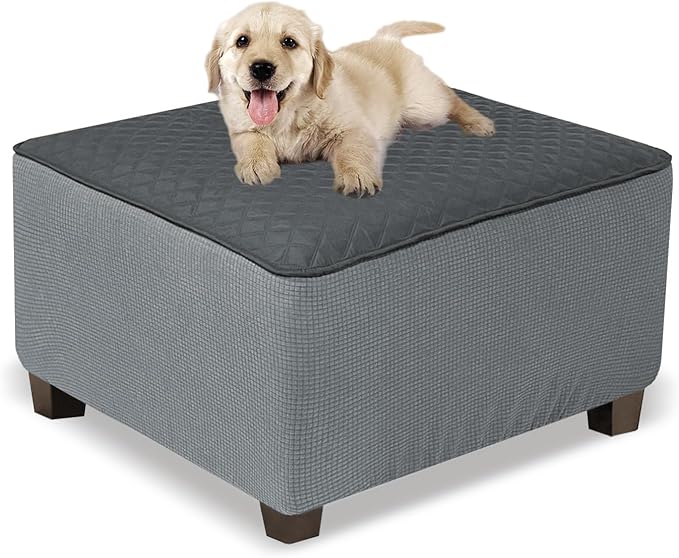 NeColorLife Ottoman Cover Square Waterproof Ottoman Slipcover Thick Storage Footrest Stool Covers Furniture Protector for Pets,Kids(Medium Size,Dark Gray)