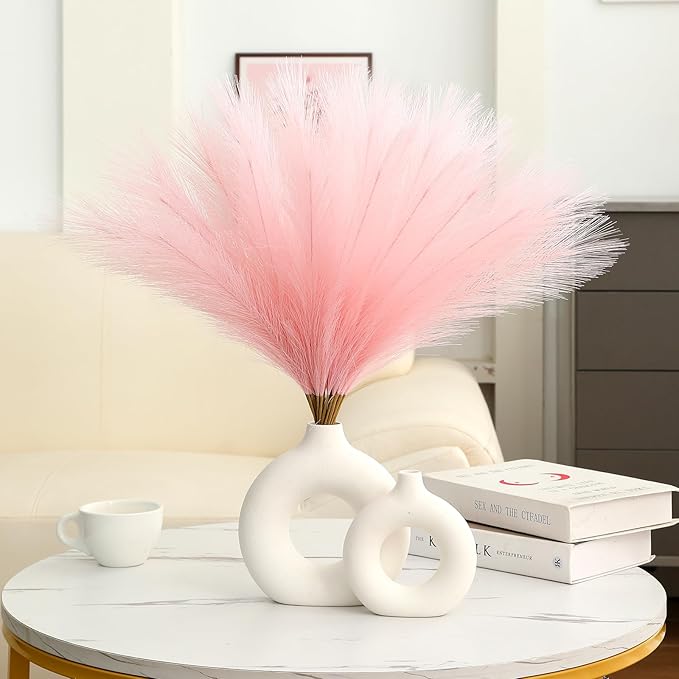 Faux Pampas Grass Decor 17.7 Inch 30pcs, Artificial Pampas Grass Fluffy Home Decor, Short Vase Room Decor pompous Grass Flower Arrangement for Boho Home Wedding Decoration (Light Pink)