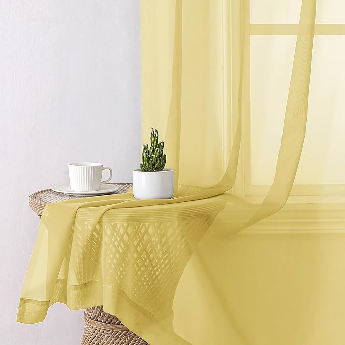 Lecloud Yellow Sheer Curtains 90 Inches Long 2 Panels, Gauzy Light Filtering Breathable Curtain, Solid Voile Home Decor Drapes with Dual Rod Pocket for Living Room Bedroom, Each 42" W x 90" L