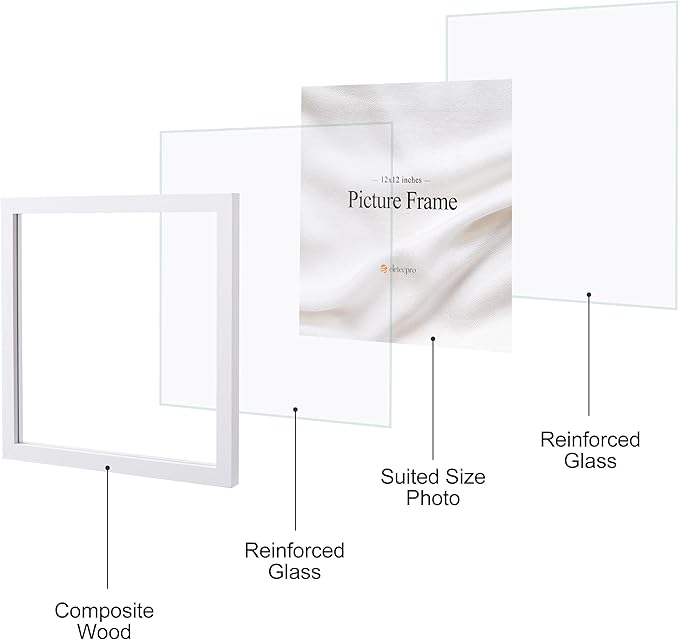 eletecpro 12x12 Floating Picture Frames Set of 2, Clear Double Glass Picture Frames for Wall Mount, Display Multi-size Photos and Artworks up to 12x12 Inches, Home Decor, White