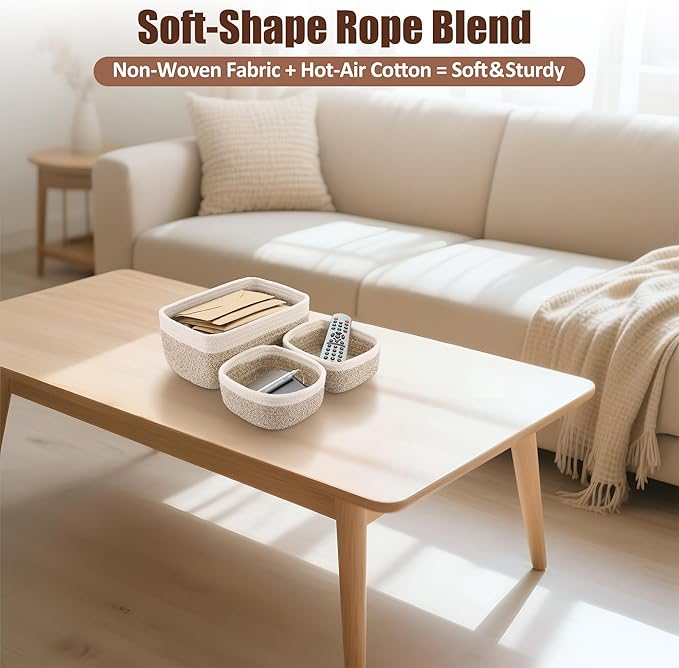 5-Pack Small Woven Rope Storage Baskets – 2 Sizes Organizer Bins for Closet, Shelf, Bookshelf, Nursery, Changing Table, Fabric Cube Boxes, Rectangular Shallow Bins for Bathroom, Toy & Home