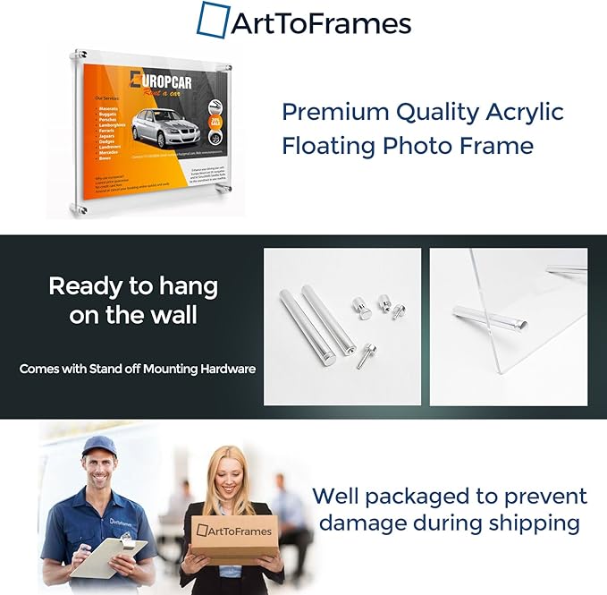ArtToFrames Floating Acrylic Frame for Pictures Up to 10x13 inches (Full Frame is 14x17) with Chrome Desktop Hardware, Acrylic-109-10x13-74-75