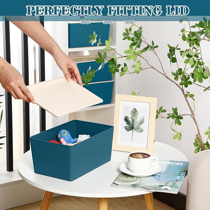 Menkxi 4 Pcs Storage Bins with Lids Plastic Stackable Containers for Organizing Shelves Christmas Ornament Box Baskets(Blue,Large)