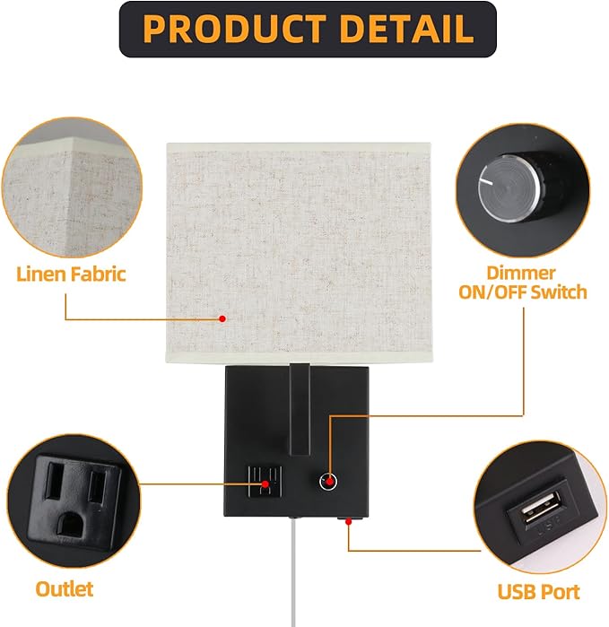 Bedside Wall Mount Light with Outlet and Dimmable Switch, Black Fabric Shade Wall Sconce Light with USB Port and Plug in Cord, Perfect for Bedroom, Living Room and Hotel…