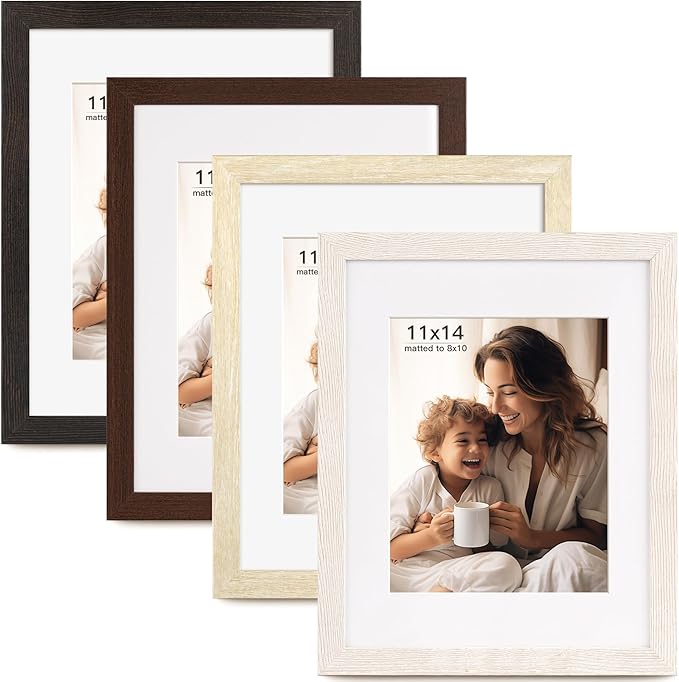 11x14 Picture Frame with Mat for 8x10, Set of 4 Wood Grain 11 x 14 Frames for Horizontal &Vertical Wall Mounting (4 Pack,Multicolour)