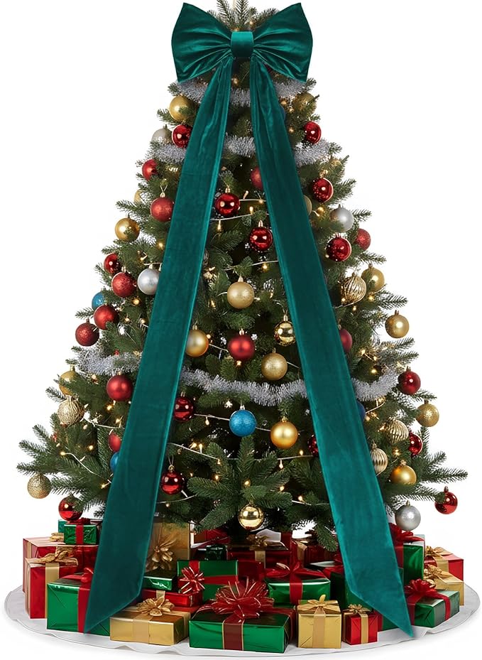 Christmas Tree Topper Bow 90x18 Inch Giant Large Velvet Bow with Long Streamers Huge Decorative Wrapping Gift Decor for Xmas Tree Front Door Patio Outdoor Wedding Arch(Green)