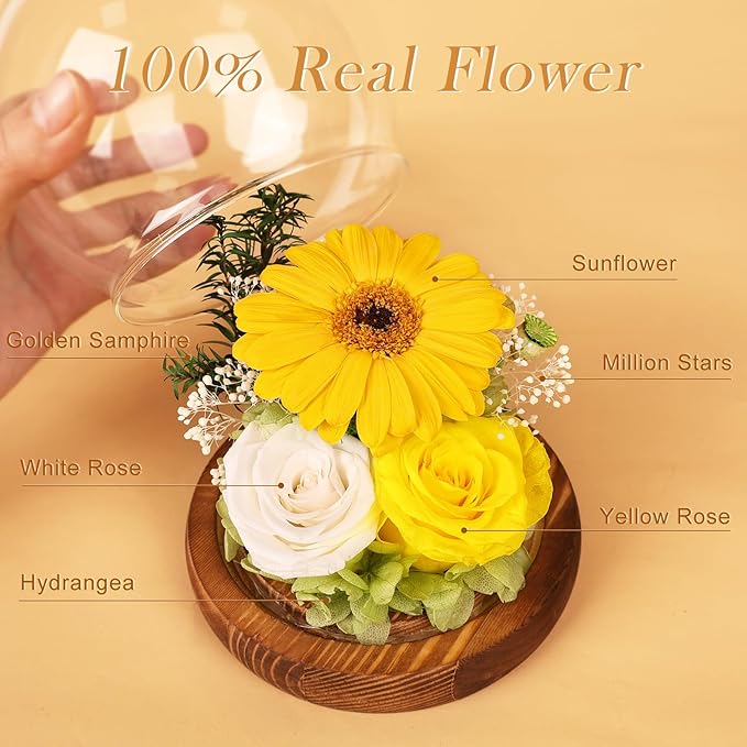 FIACO Sunflower Gifts for Women Preserved Forever Flower Rose in Glass Fresh Flowers for Delivery Mothers Day Birthday Gifts for Mom Grandma Sister Wife Yellow Sunflower Decor