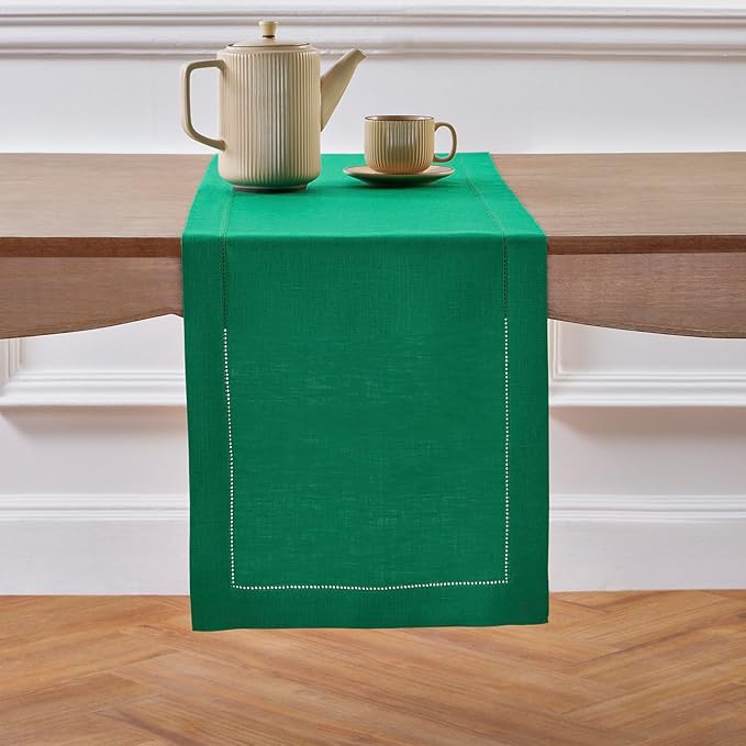 Solino Home Linen Table Runner 90 Inches Long - 100% Pure Linen Emerald Green Table Runner 14 x 90 Inch for St Patricks Day - Classic Hemstitch