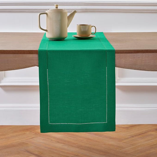 Solino Home Linen Emerald Green Hemstitch Table Runner 48 Inches - 100% Pure Linen Small Table Runner 14 x 48 Inch Ideal for Dresser and Coffee Tables - Classic Hemstitch - St Patricks Day