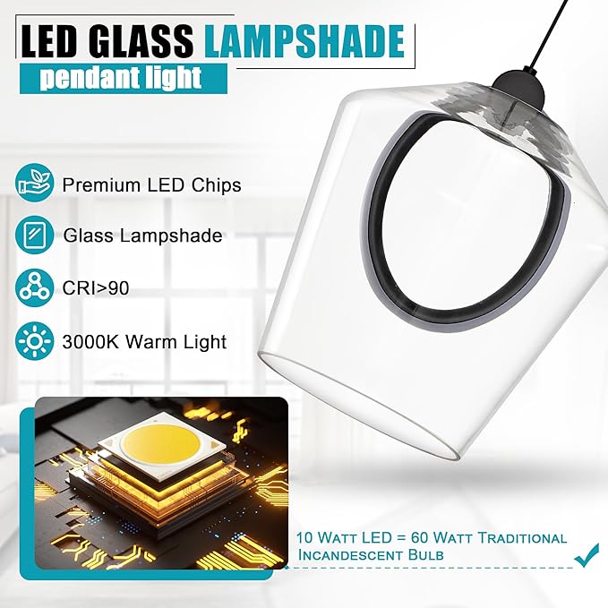 Modern Glass Pendant Lighting for Kitchen Island 1 Pack, Black LED Pendant Light Fixtures 3000K, Adjustable Hanging Ceiling Light, Angled Clear Glass Shades 8 Inch