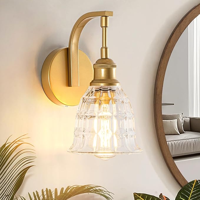 Gold Wall Sconces, Modern Brushed Golld Sconce Wall Lighting, Vintage Glass Light Fixtures, Indoor Wall Lamps for Bathroom Vanity Mirror Living Room Bedroom Kitchen Hallway Stairway E26 Hardwire