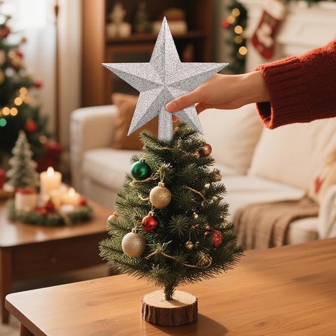 Christmas Tree Topper 10 Inch,Glitter Christmas Ornaments Star Xmas Decoration on Tree for Holiday Ornament or Home Decor(Silver)