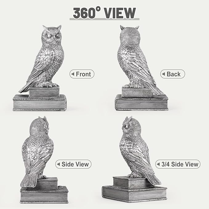 Owl Bookends, Book Ends for Shelves, Vintage Resin Decorative Bookends with Anti-Slip Base for Books Lovers Home Office Decor Book Holder (Silver)