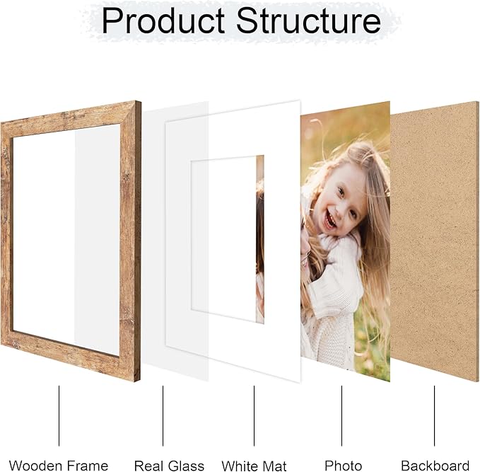 8x10 Picture Frame Set of 2, 8 x 10 Wood Photo Frames with Mat for 5x7, Natural Wooden Frame with Real Glass Cover for Wall and Tabletop Display,Brown