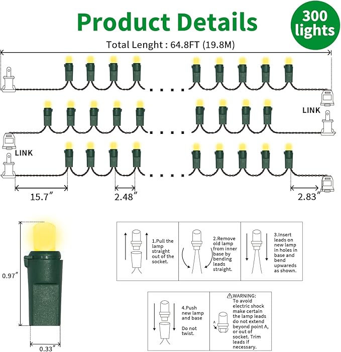 LAMPHOME Yellow Wide Angle LED String Lights, 64.8 Ft 300 Count, Pack of 3 Strands 21.9 Ft 100 Lights UL Certified Commercial Grade Green Wire 5mm Holiday String Light