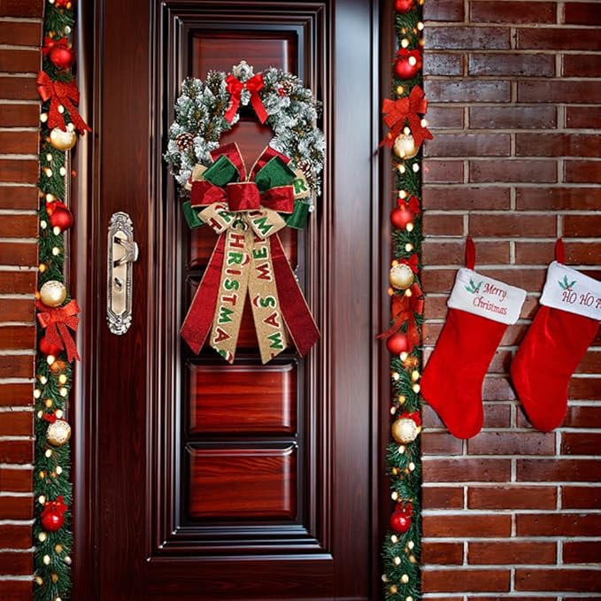 On-Airstore Large Christmas Wreath Bows, Christmas Words Velvet Ribbon Bows for Wreaths, Large Tree Topper Bows for Christmas Home Garden Indoor Outdoor Party Decoration Wreath Ornament Supplies