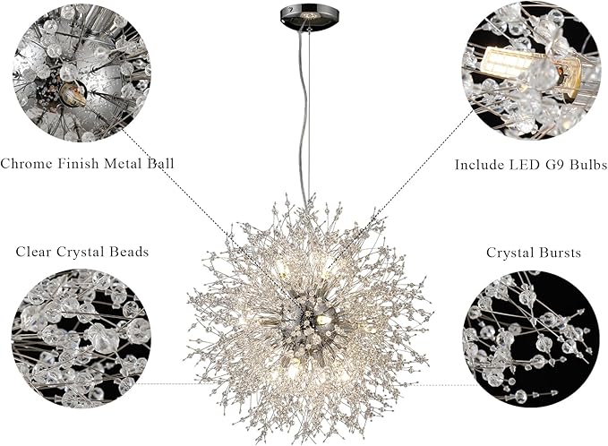Modern Farmhouse Chandelier, Sputnik 12-Light Crystal Hanging Light, Round Firework Dandelion Pendant Lights for Living Room Bedroom Dining Room Kitchen Island Entryway (Chrome, D21.6inch)