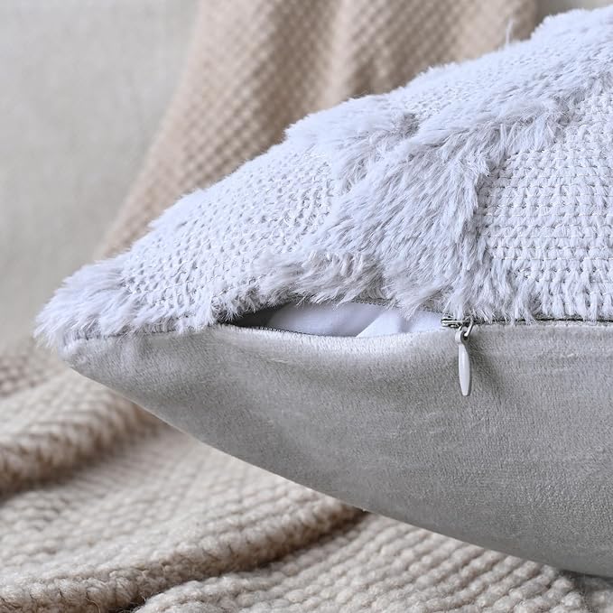 Set of 2 Soft Moroccan Throw Pillow Covers 12x20 Inch Plush Boho Decorative Pillow Cover Accent Cushion Case for Couch Sofa Bed, Grey