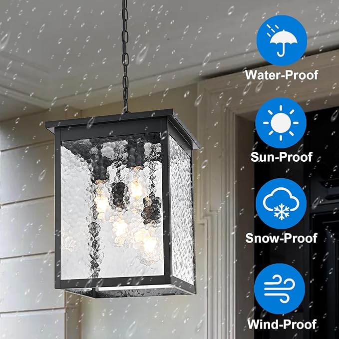 16.7'' Outdoor Pendant Lights for Porch, 4-Lights Black Exterior Pendant Light with Hammer Glass, Outdoor Porch Light Ceiling Mount Outdoor Hanging Light Fixture for Gazebo, Patio, Entryway