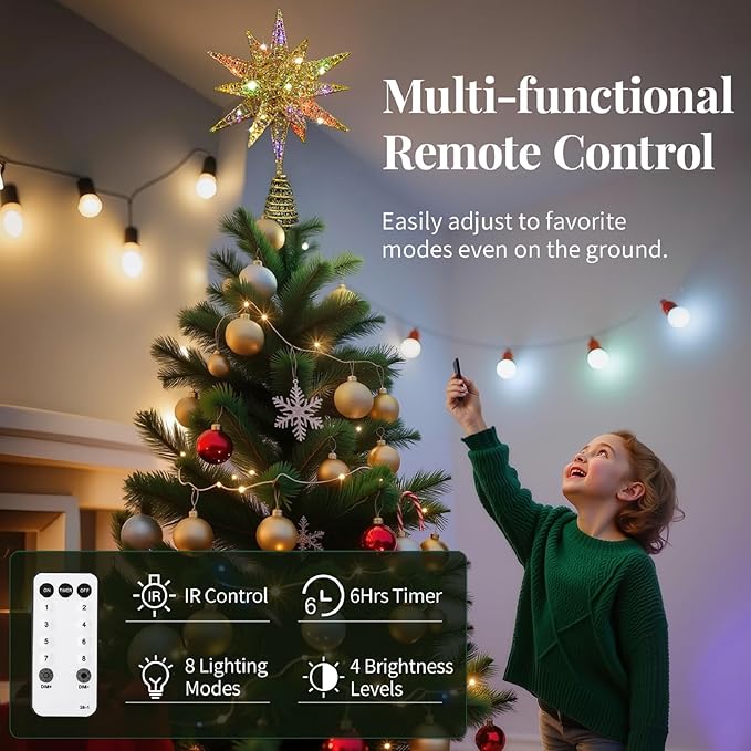 Lewondr Christmas Tree Topper, Plug in 3D Starburst Xmas Lighted Star Tree Topper, Remote Control & Timer Light Up Vintage Moravian Tree Topper for Christmas Decoraiton, Colorful Light, Gold