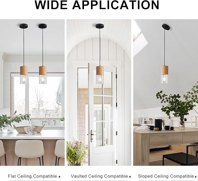 Modern Pendant Lights for Kitchen Island, Adjustable Pendant Light Fixtures with Raw Wood Grain, Industrial Clear Glass Pendant Lights for Dining Table Hallway Bedroom Living Room,1 Pack