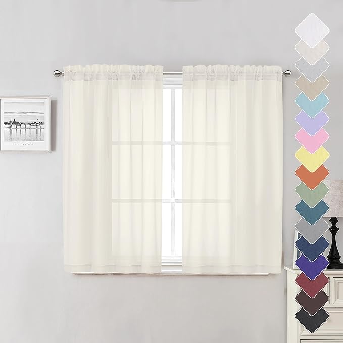 Lecloud Ivory Sheer Curtains 45 Inch Length 2 Panels, Short Voile Drapes for Kitchen Dinning Small Windows, Light Filtering Sheer Curtains for Living Room Bedroom Bathroom, Rod Pocket, 40" W x 45" L