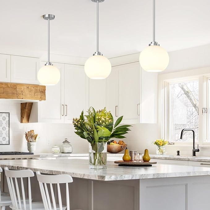 2 Pack 7.2-Inch Globe Pendant Lights, Mid Century Brushed Nickel Pendant Light Fixtures, Globe Pendant Lights Kitchen Island with Milk Glass Shade Hanging Fixture for Dining Room Bulbs not Included
