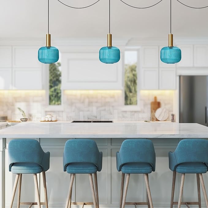 Blue Glass Hanging Lamp Plug in Pendant Light Fixture Ceiling Hanging Lights with Plug in Cord Mid Century Blue Glass Plug in Chandelier for Kitchen Island Bedroom Dining Room Living Room
