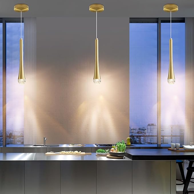 Modern Gold LED Pendant Light, Kitchen Island Ceiling Hanging Lights, Teardrop Bubble Crystal, 3 Color 2700K/4500K/6500K, Bedside Small Chandeliers Lamps for Bar, Dining Room, Bathroom, Hallway