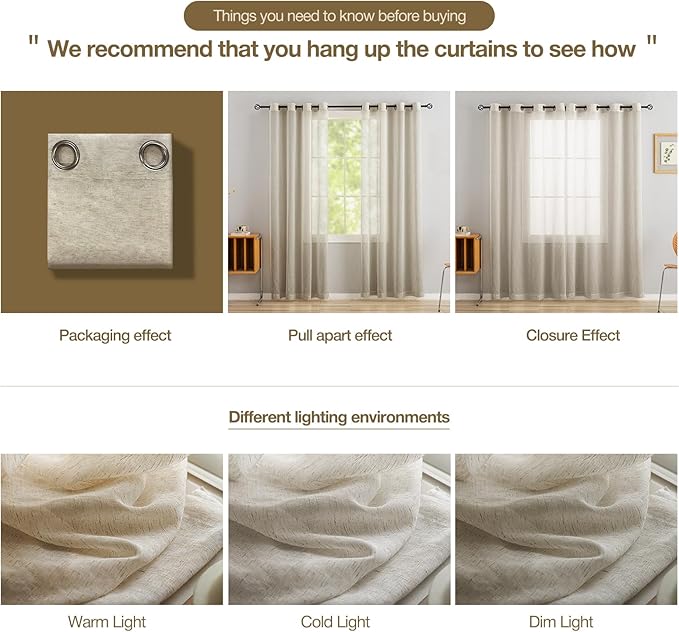 Anmao Flax Linen Curtains for Living Room 63 Inch Length 2 Panels Set, Light Filtering Sheer Window Curtain Drapes for Bedroom with Nickel Grommet, 52 Inch Wide Each Panel, Linen Color