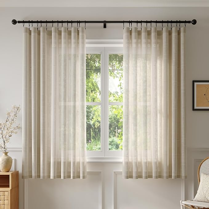 Anmao Natural Linen Curtains for Living Room 45 Inch Length 2 Panels Set, Light Filtering Semi Sheer Window Curtain Drapes for Bedroom with Curtain Rings and Clips, 52 Inch Wide Each Panel, Linen