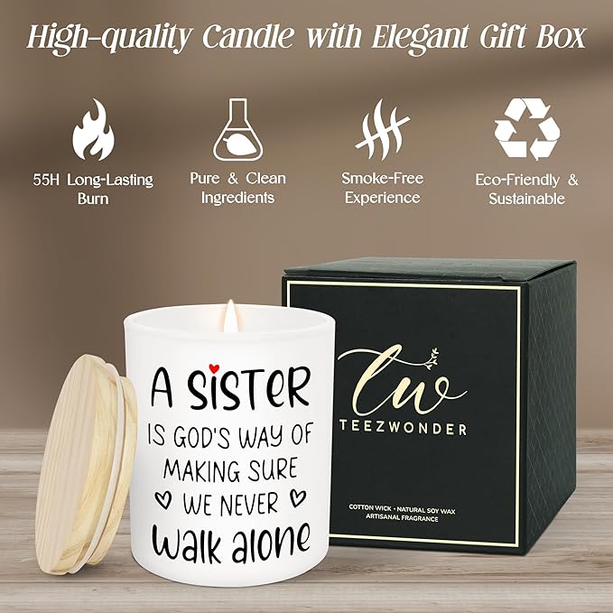 TEEZWONDER Christmas Sister Gifts for Women - A Sister Never Walk Alone Long Lasting Vanilla Lavender Candle 10 oz - Christian Birthday Gifts for Sisters from Sister, Candle for Women