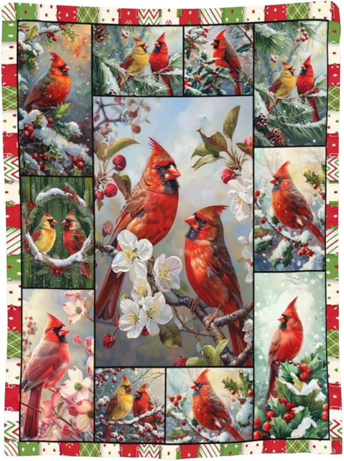 Red Birds Blanket Christmas Bird Throw Blankets Plush Cozy Flannel Fleece Ultra Soft Fuzzy Flower Party Blanket Gifts for Girls Women Men Boys Kids Bed 50"X40"